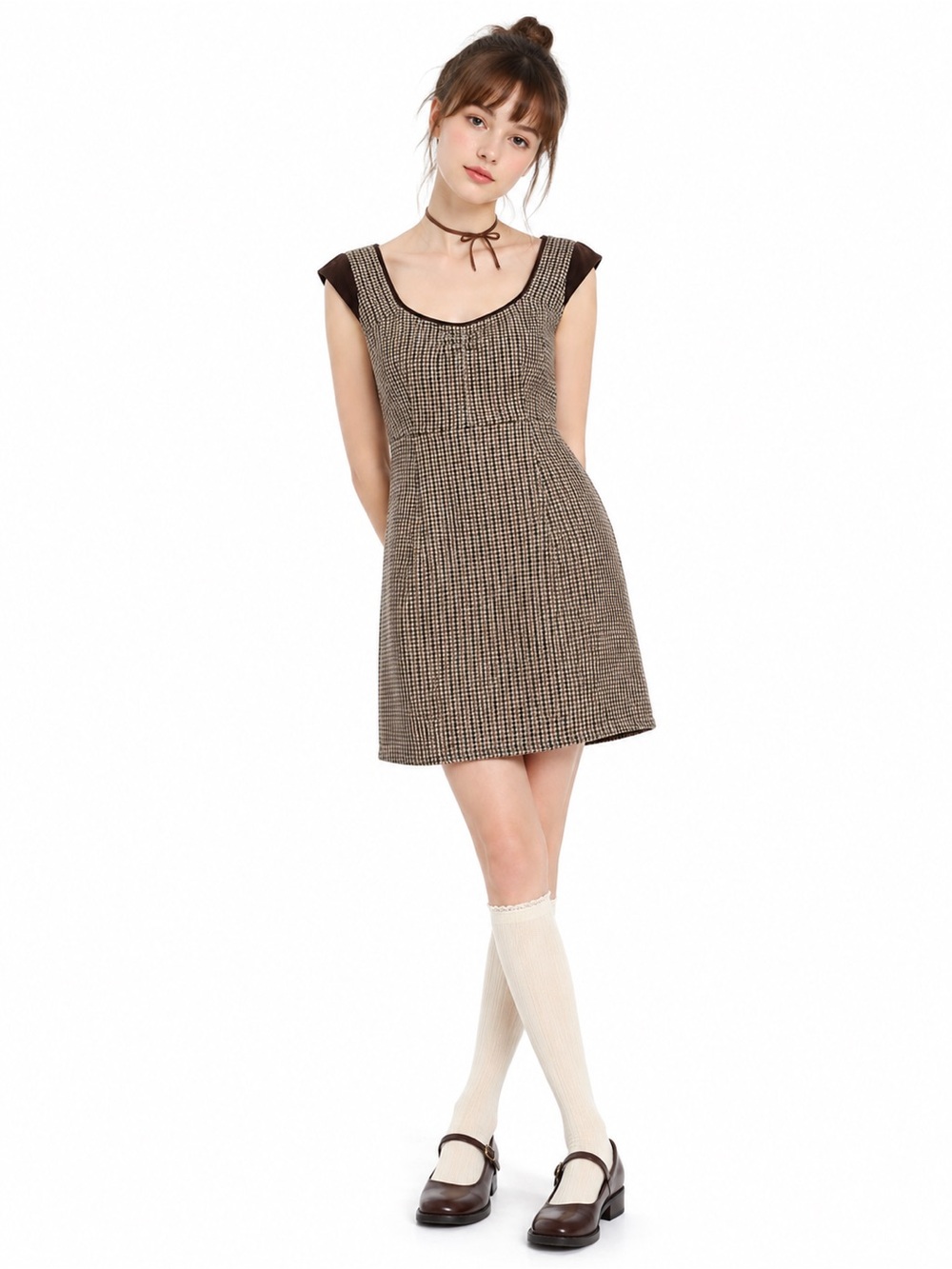 Tweed Wool Blend Herringbone Cap Sleeve Mini Dress Pleated Preppy Y2K Academia